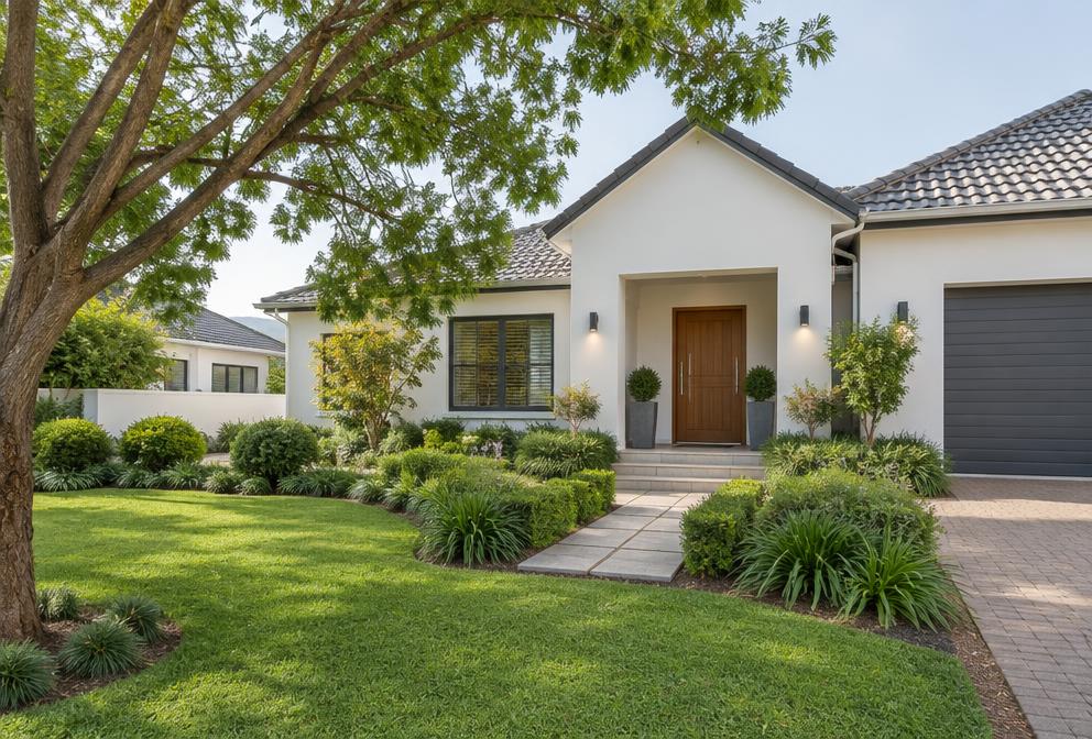 A suburban home with a landscaped garden